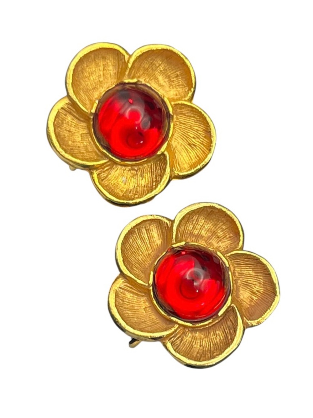 MMA Metropolitan Museum of Art gold tone red cabochon designer flower earrings